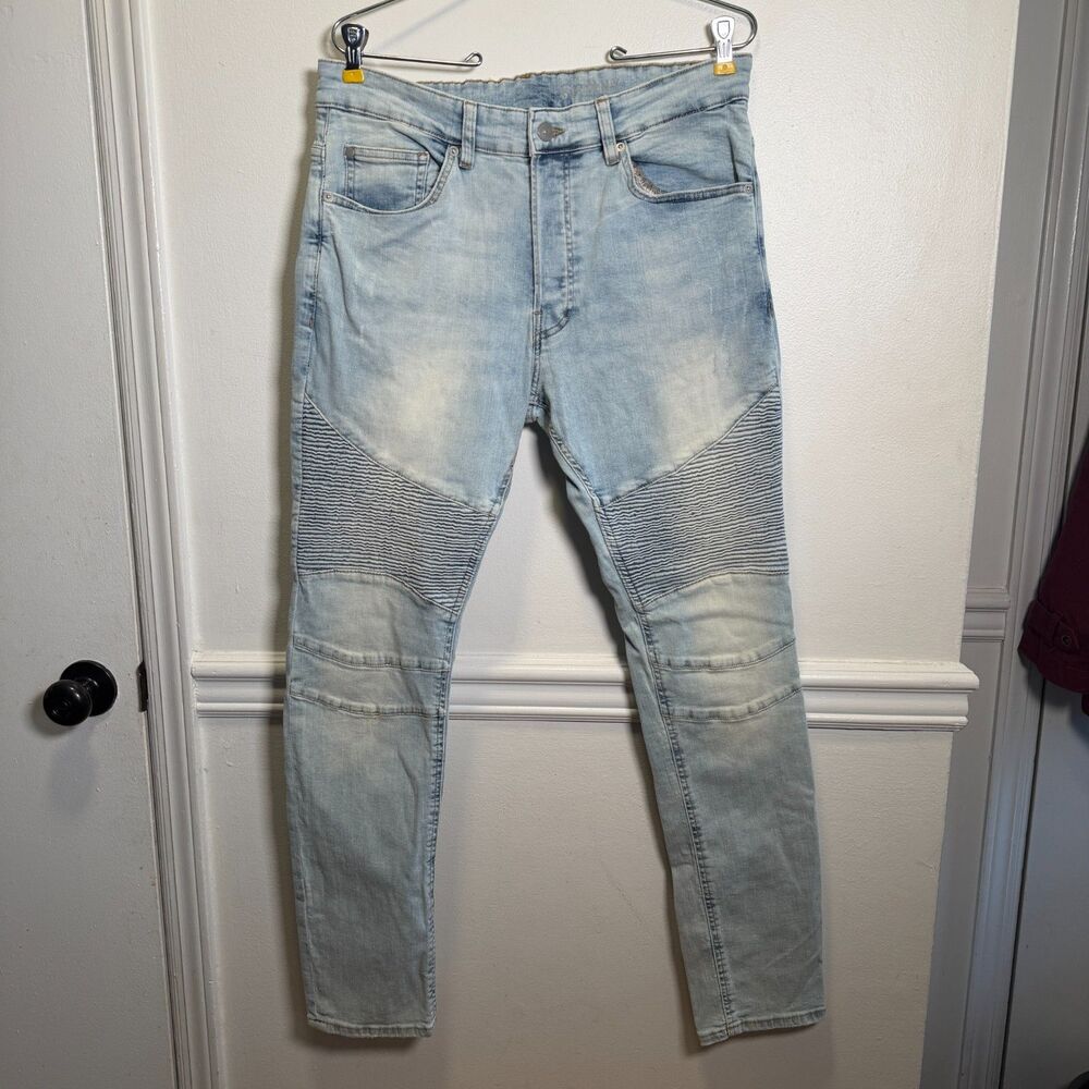 H&M Divided Y2K Moto Biker Skinny Jeans 34x30 Light Wash Ribbed Knee Stretch